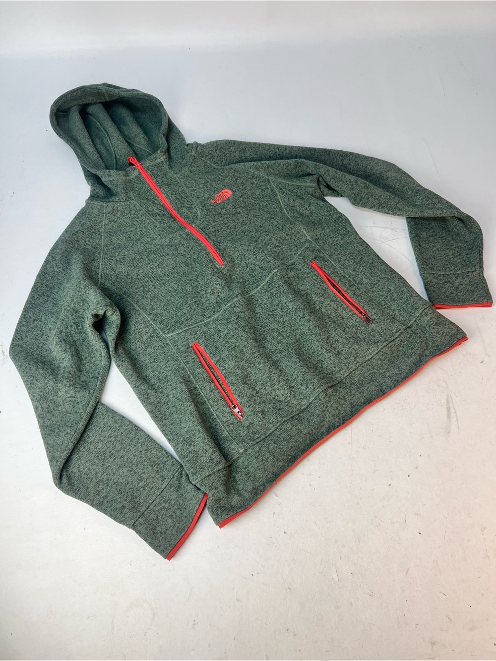 The North Face Green Hooded Zip Sweater with Coral Accents
